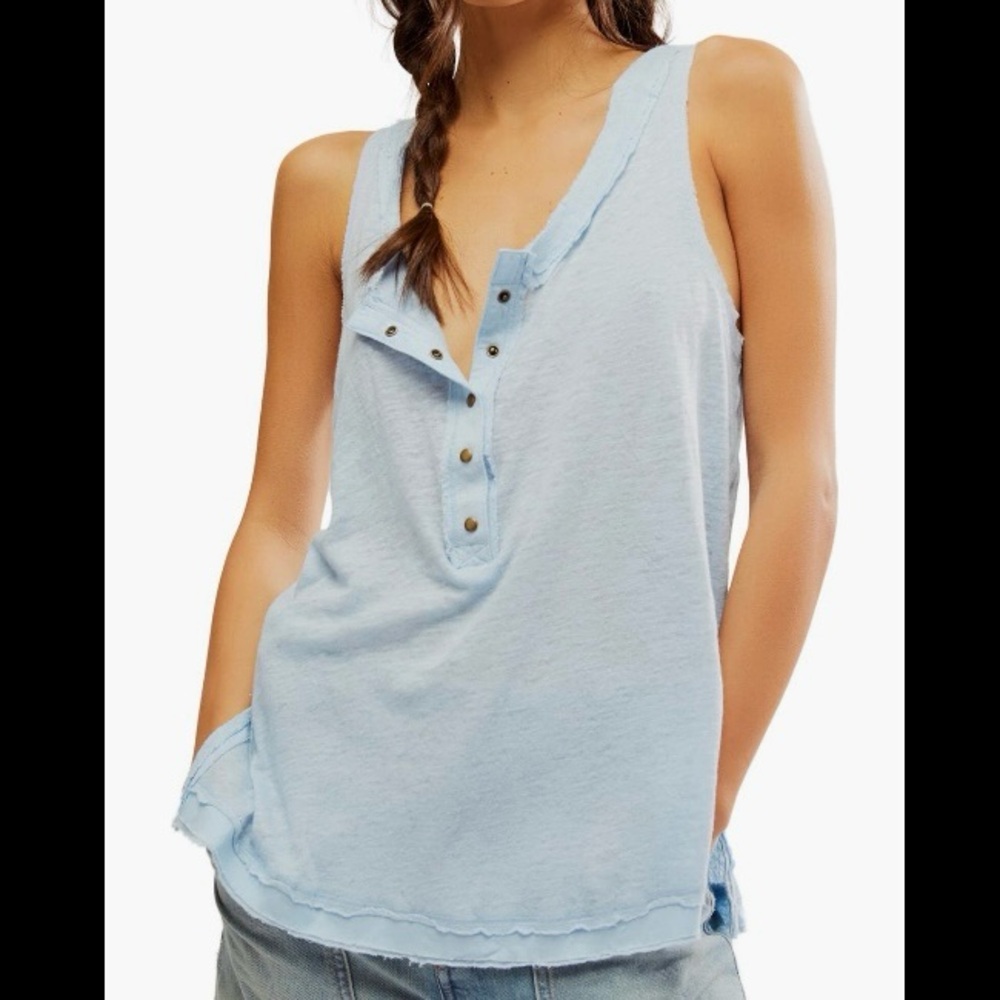 Free People We the Free Love Language Light Blue Henley Tank Top
